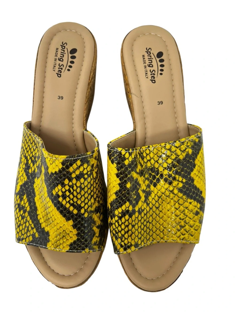Spring Step Yellow and Black Snake-Print Cork Wedge Slide